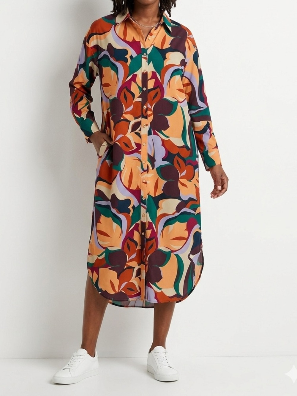 Button-Front Multicolor Abstract Print Shirt Dress - Orange/Green
